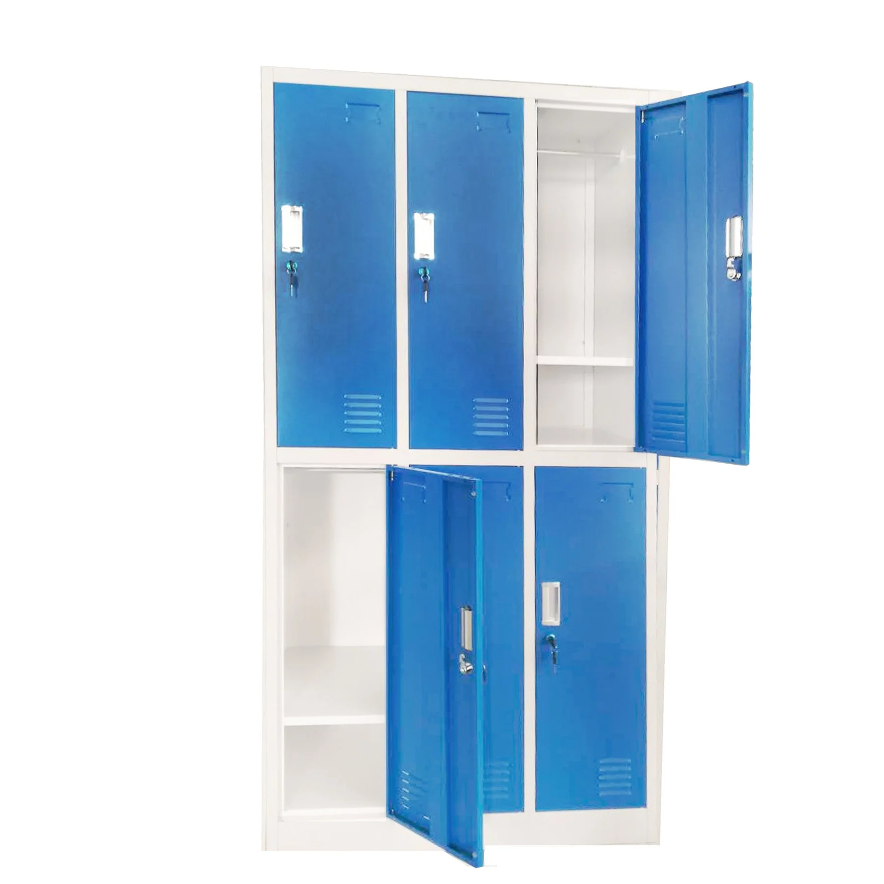RFG Wardrobe, metal, triple, with six compartments, 90 x 45 x 185 cm, gray body, blue doors