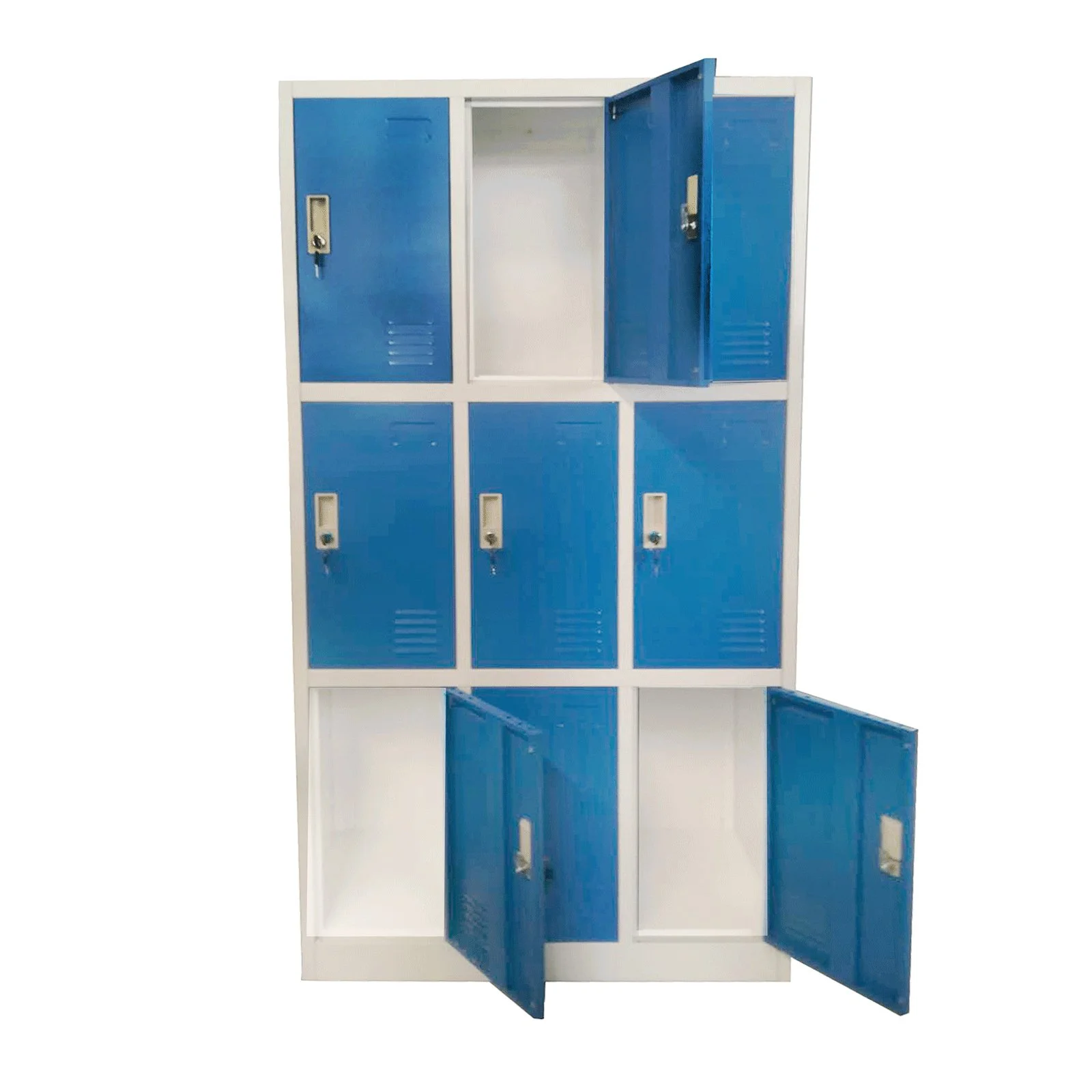 RFG Locker, metal, triple, with nine compartments, 90 x 45 x 185 cm, gray body, blue doors