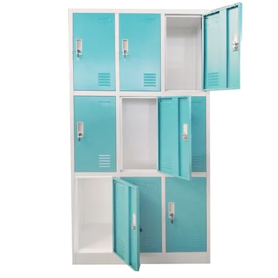 RFG Metal wardrobe, triple, with nine compartments, 90 x 45 x 185 cm, grey body, turquoise doors