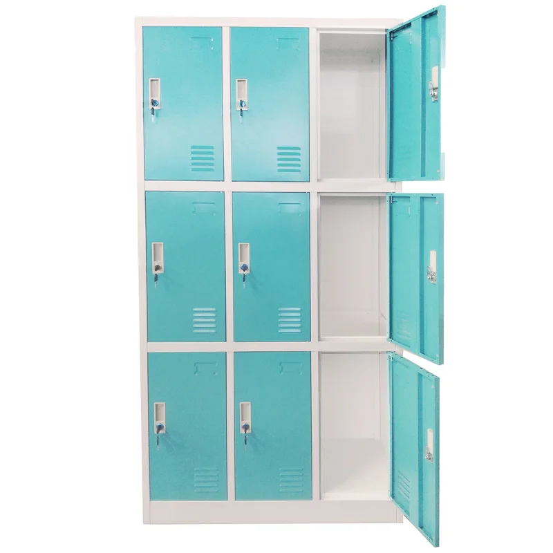 RFG Metal wardrobe, triple, with nine compartments, 90 x 45 x 185 cm, grey body, turquoise doors
