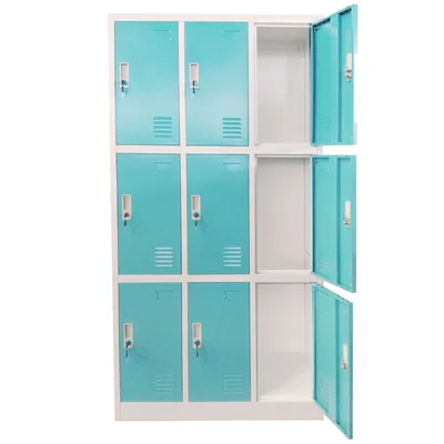 RFG Metal wardrobe, triple, with nine compartments, 90 x 45 x 185 cm, grey body, turquoise doors