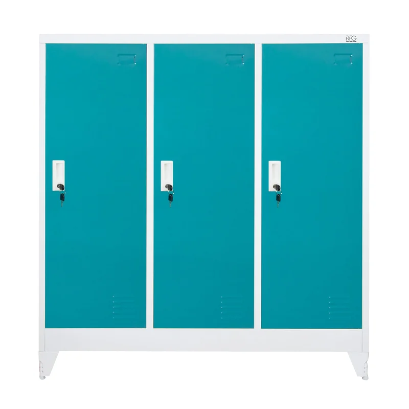 RFG Wardrobe, metal, triple, three doors, 120 x 40 x 120 cm, white, with turquoise doors