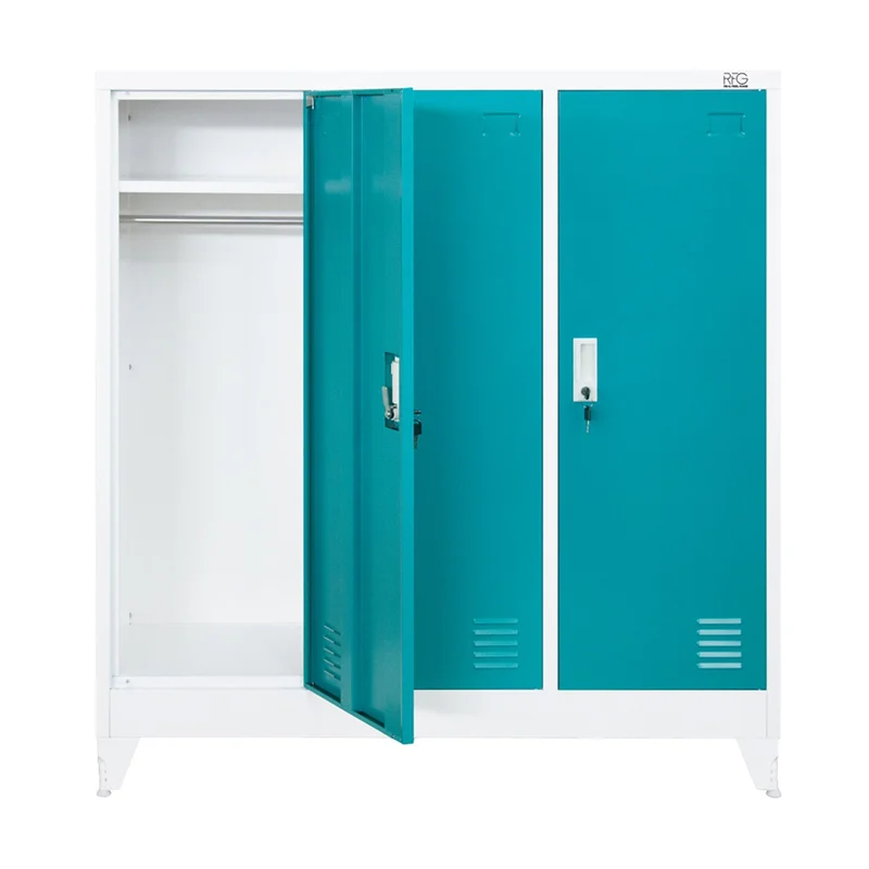 RFG Wardrobe, metal, triple, three doors, 120 x 40 x 120 cm, white, with turquoise doors