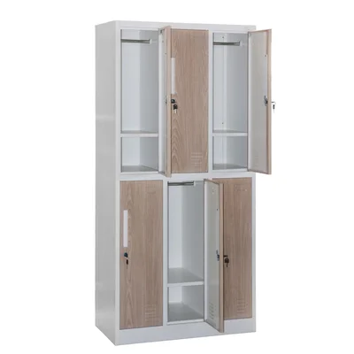 RFG Locker, triple, metal, with 6 doors, 900 ? 450 ? 1850 mm, amber oak & white