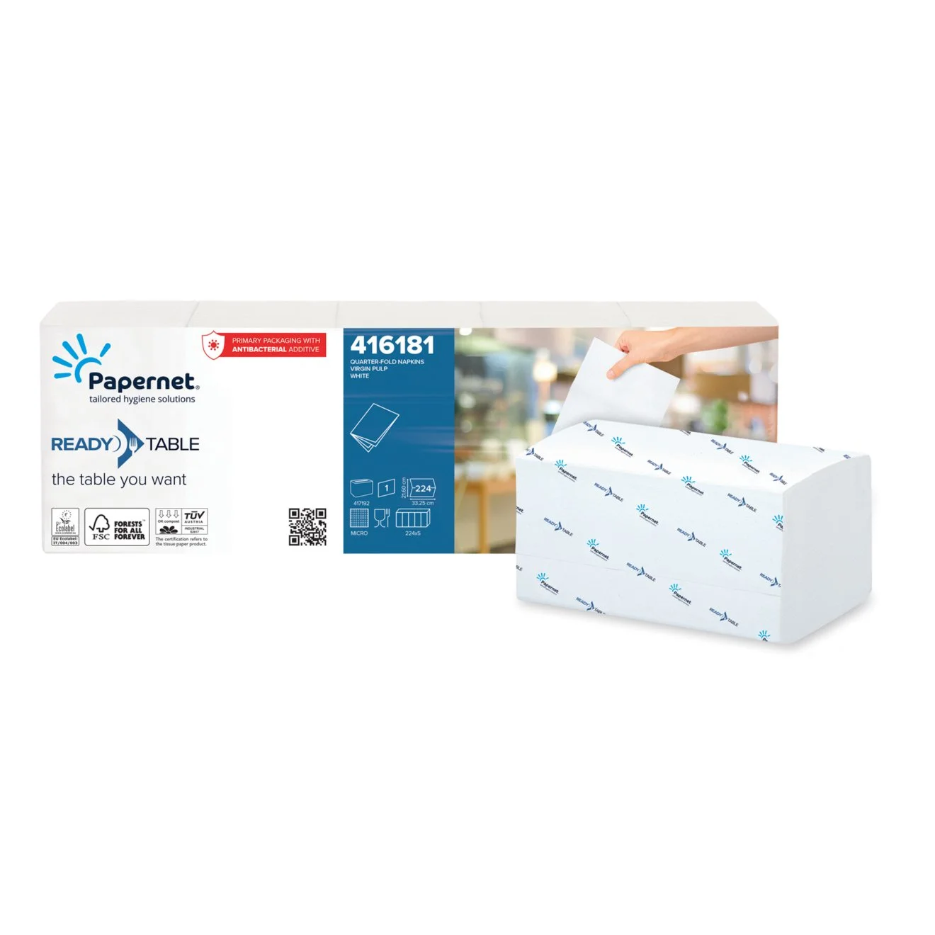 Napkins Papernet, per pack, cellulose, 224 short, 33.2 x 21.6 cm, 5 counts