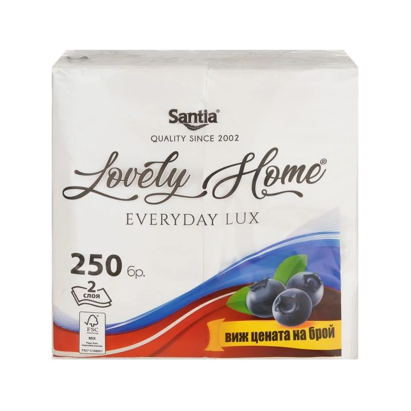 Napkins Lovely, cellulose, 2-ply, 1/8 fold, 33 ? 24 cm, white, 250 pcs