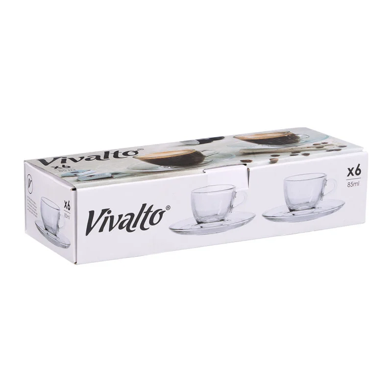 Чаша за кафе Vivalto, с чинийка, стъклена, 85 ml, 6 броя