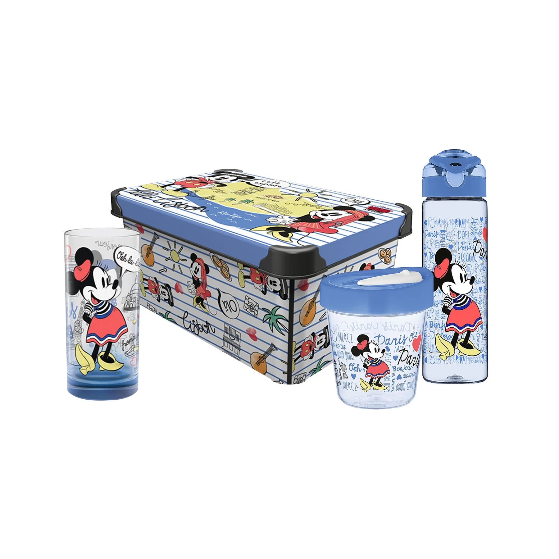 Disney Travel set, storage box 5 L, travel mug 350 ml, travel bottle 630 ml, glass 300 ml, blue