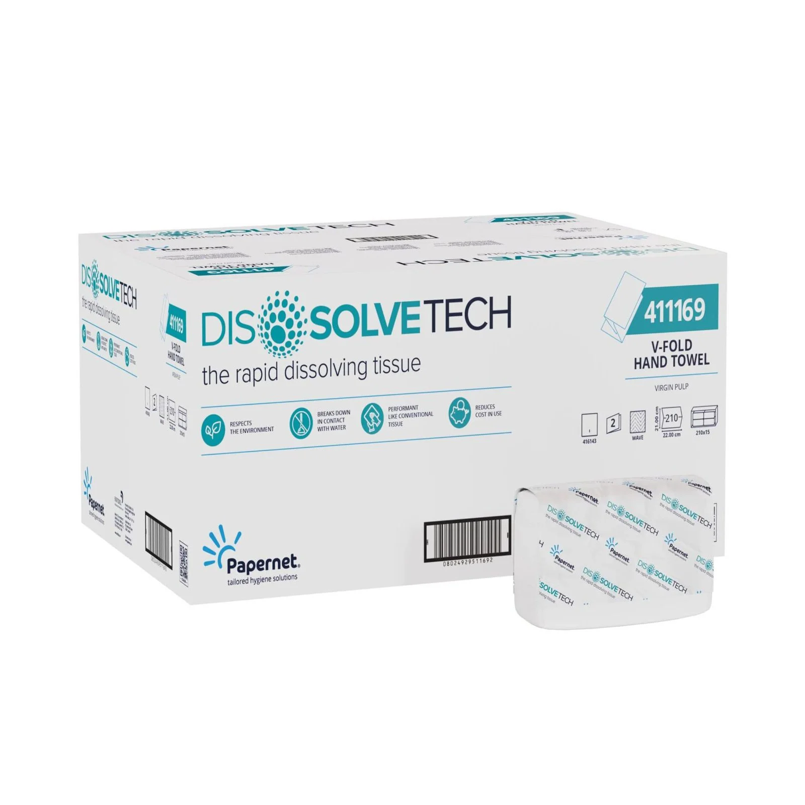 Towels for hands Papernet Dissolve, V-fold, double-ply, 22 x 21 cm, 210 short, 15 count
