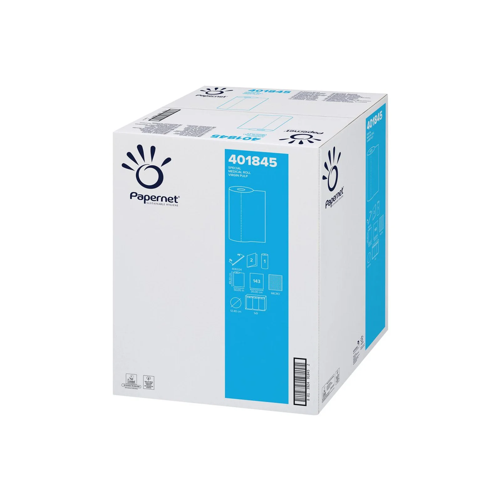 Disposable sheets on roll Papernet, 50 x 35 cm, with length up to 50 m, 9 counts, 143 short