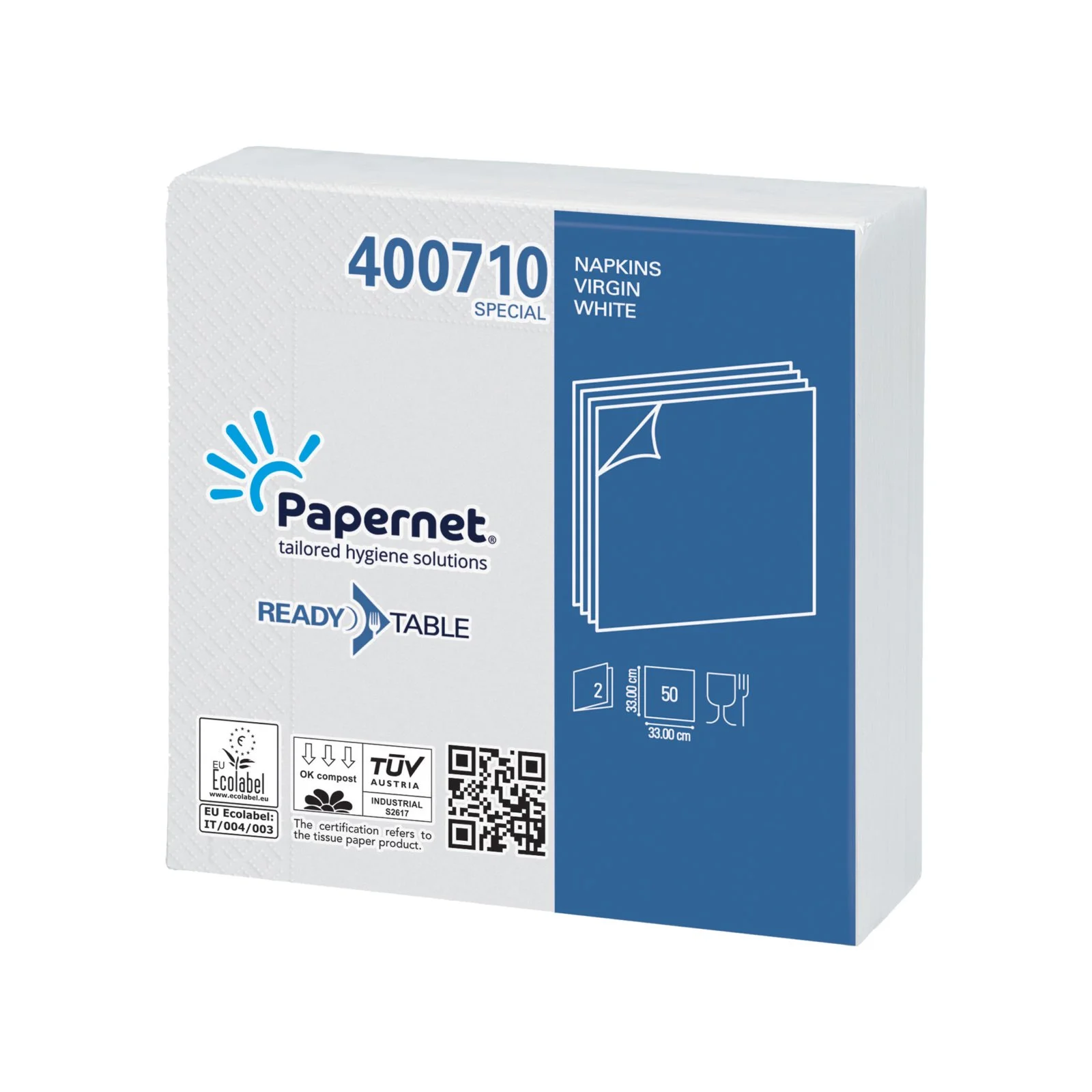 Napkins Papernet, cellulose, double-ply, white, 33 x 33 cm, 50 counts