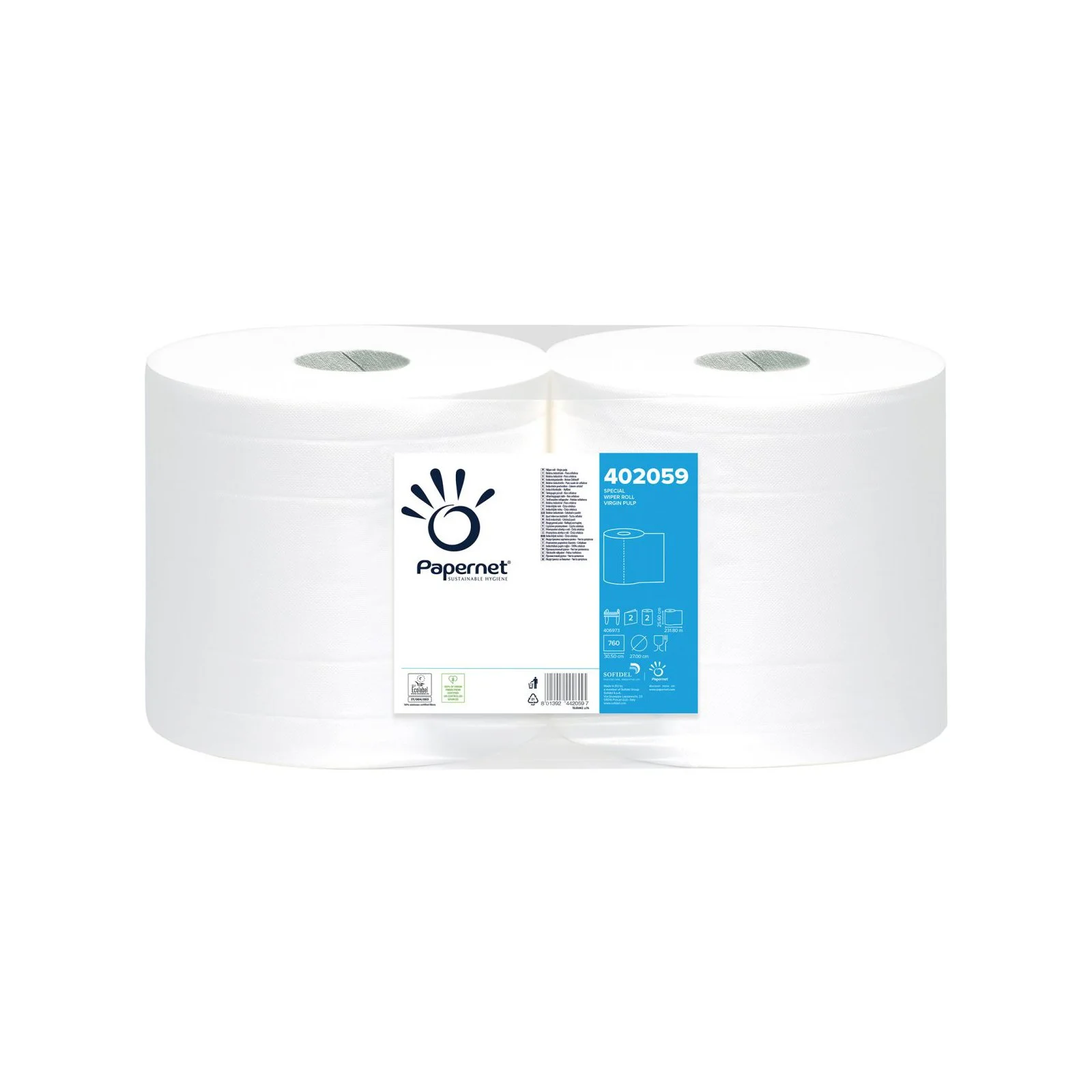 Industrial roll Papernet, double-layer, 30.5 х 25.7 cm, 232 m, 760 short, white, 2 counts, 231.8 m