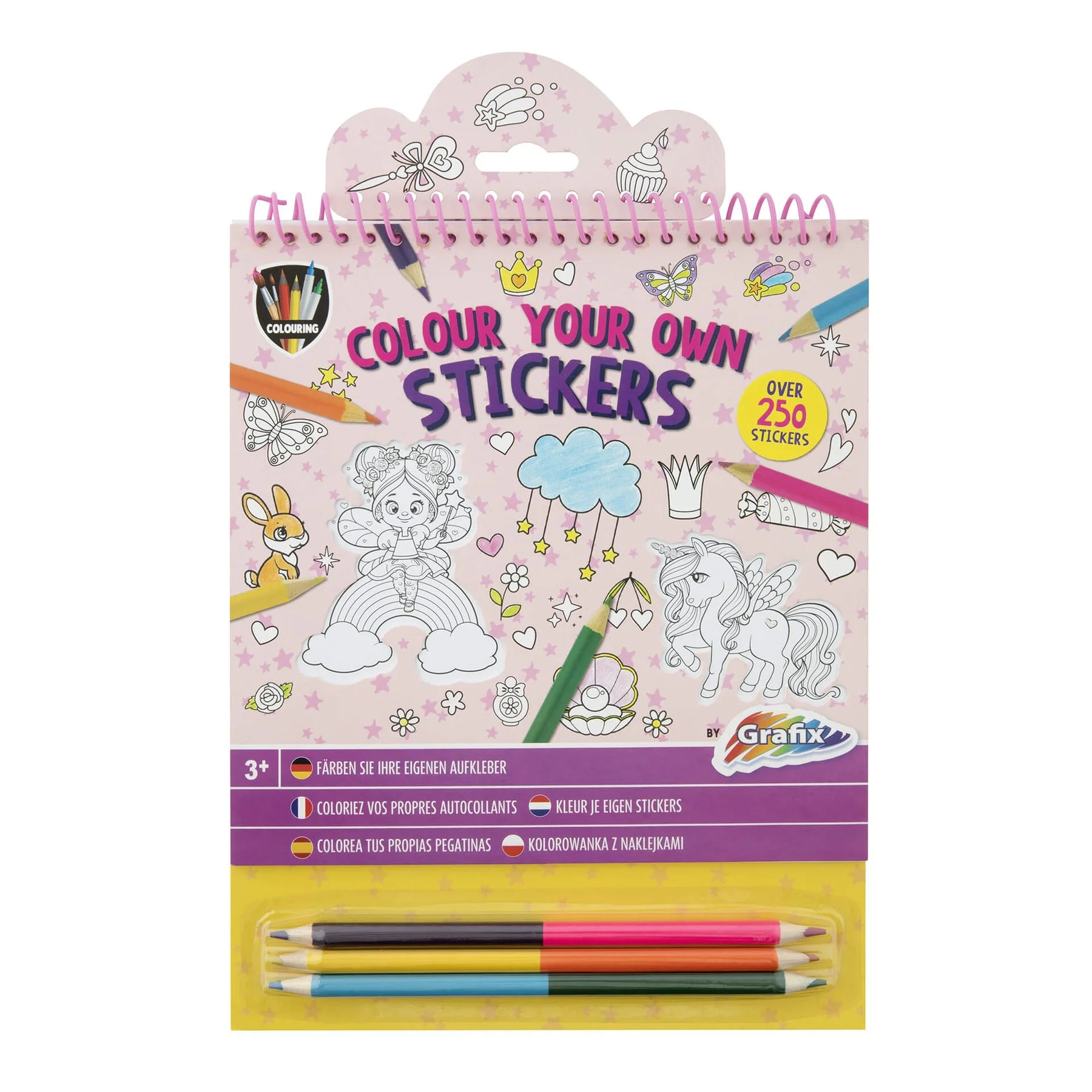 Moxy Sticker colouring book, with 3 double pencils included, pink