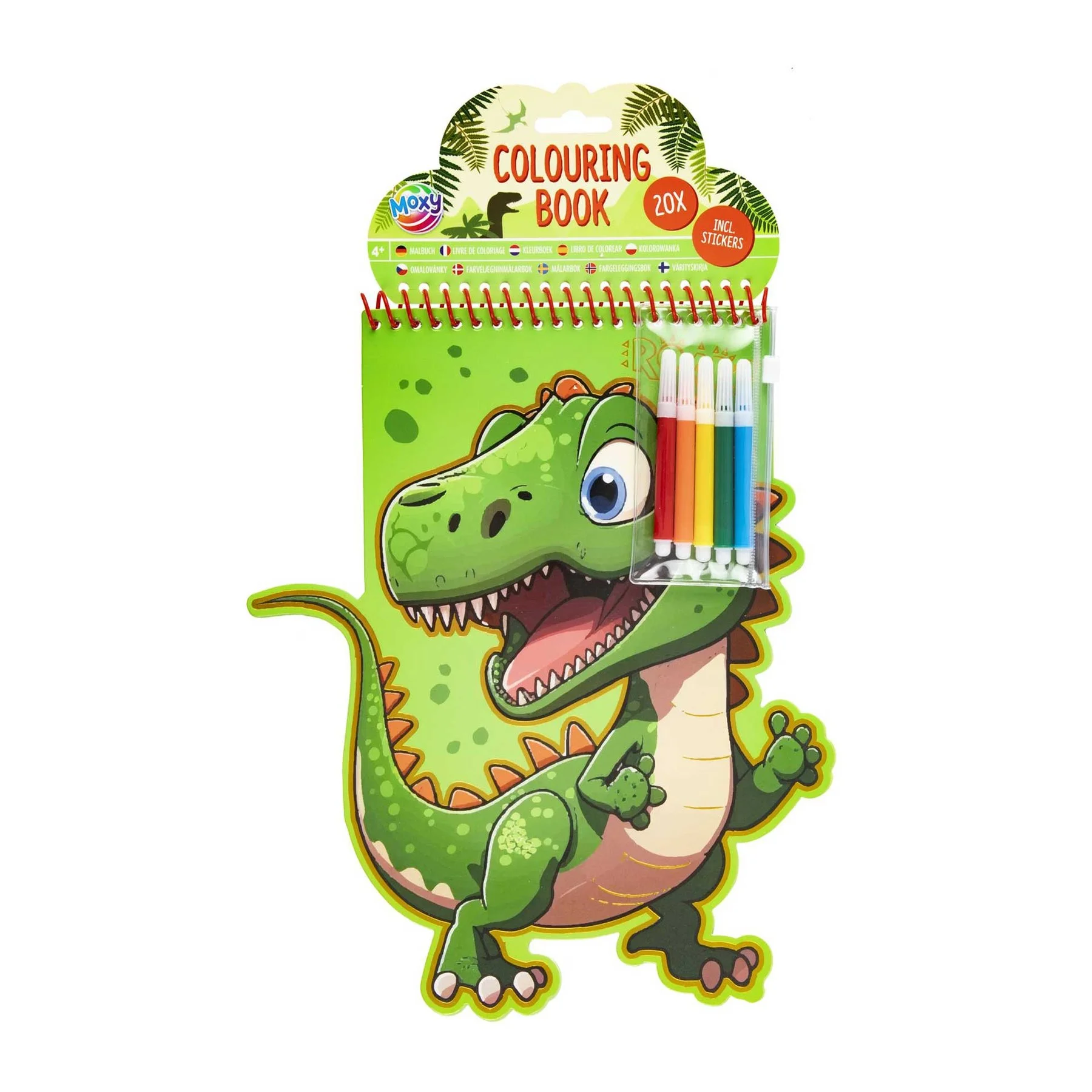 Moxy Coloring book, dinosaur-shaped, with 5 markers