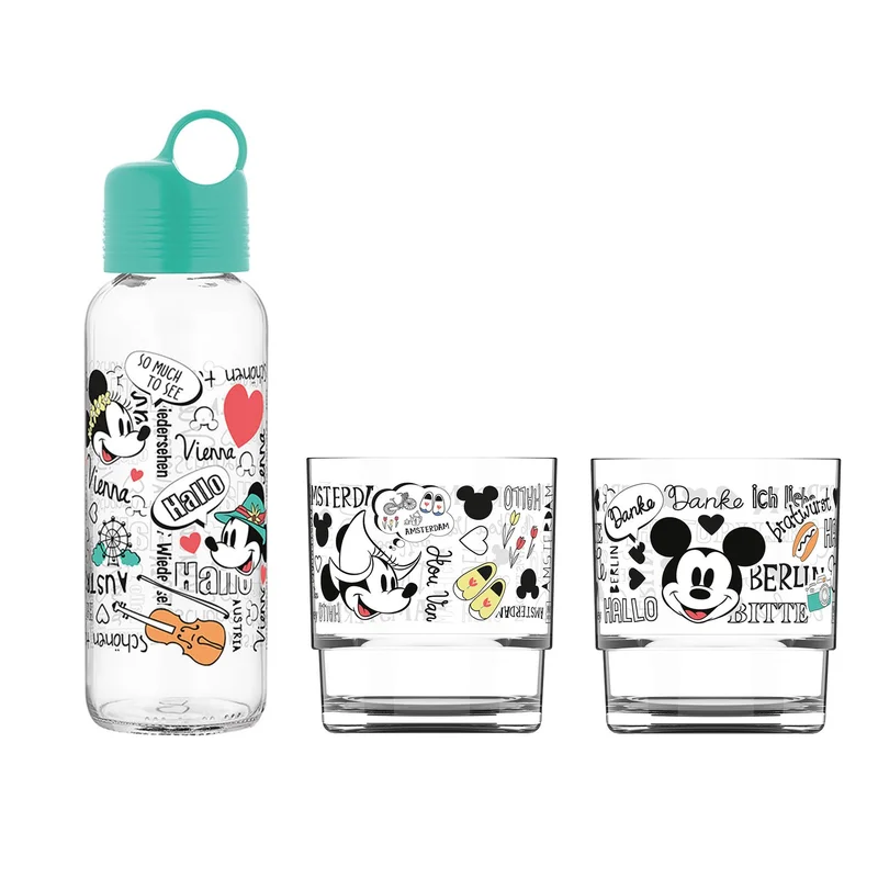 Disney Travel Bottle, with 2 glass cups, green
