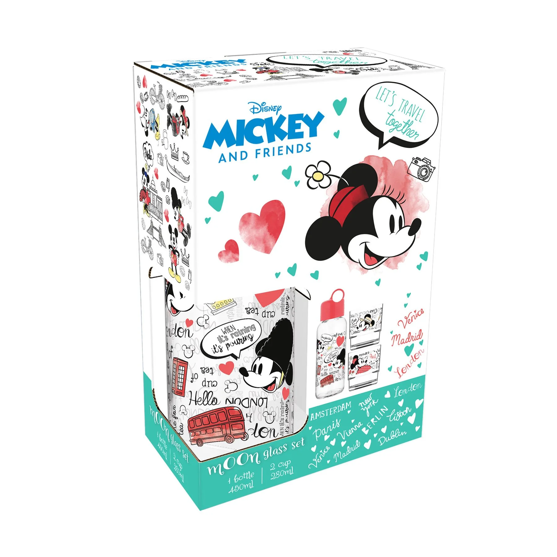 Disney Travel bottle, with 2 glass cups, red