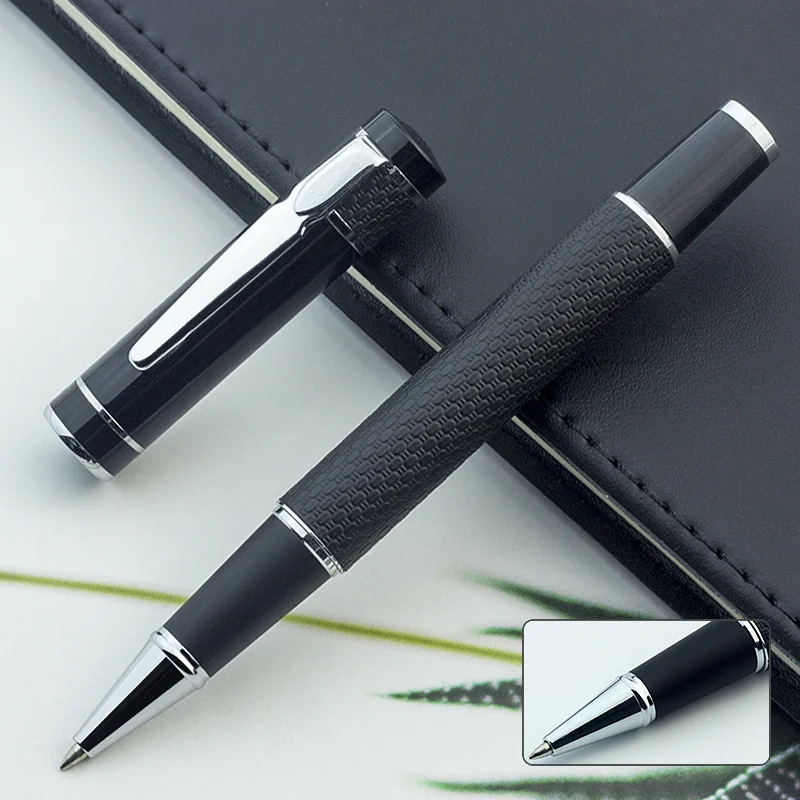 Knit Rollerball, metal and leather, black