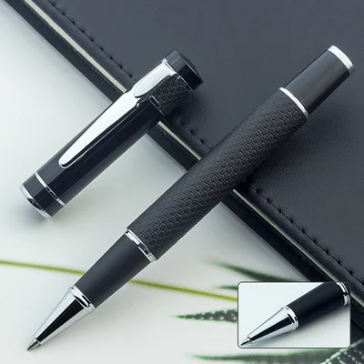 Knit Rollerball, metal and leather, black