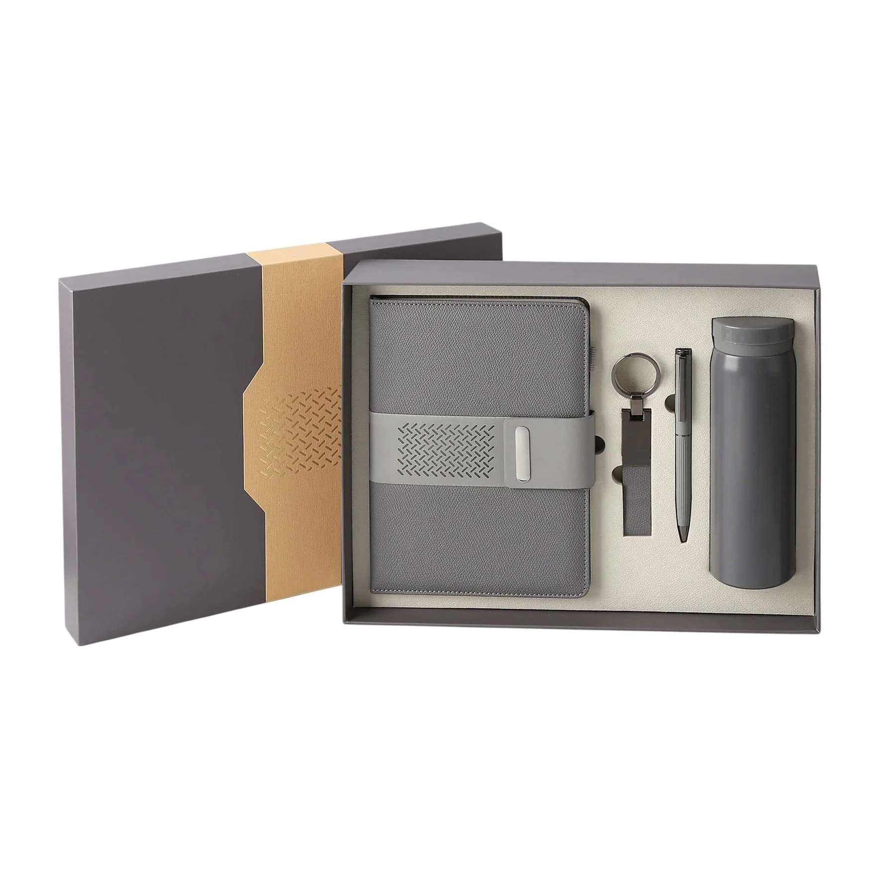 Welcome set, notebook, bottle, pen and keyring, in box, gray