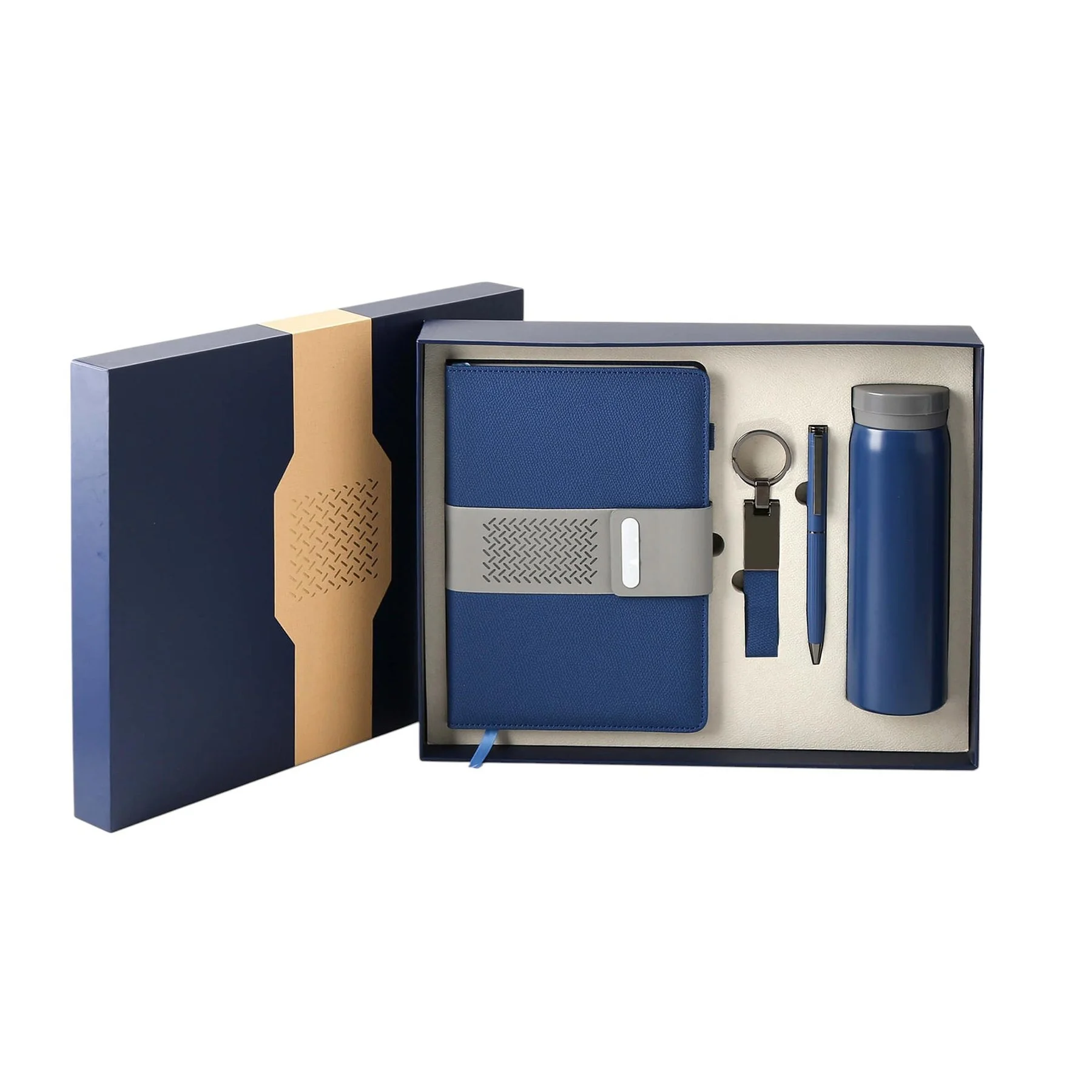 Welcome set, notebook, bottle, pen and keyring, in box, dark blue