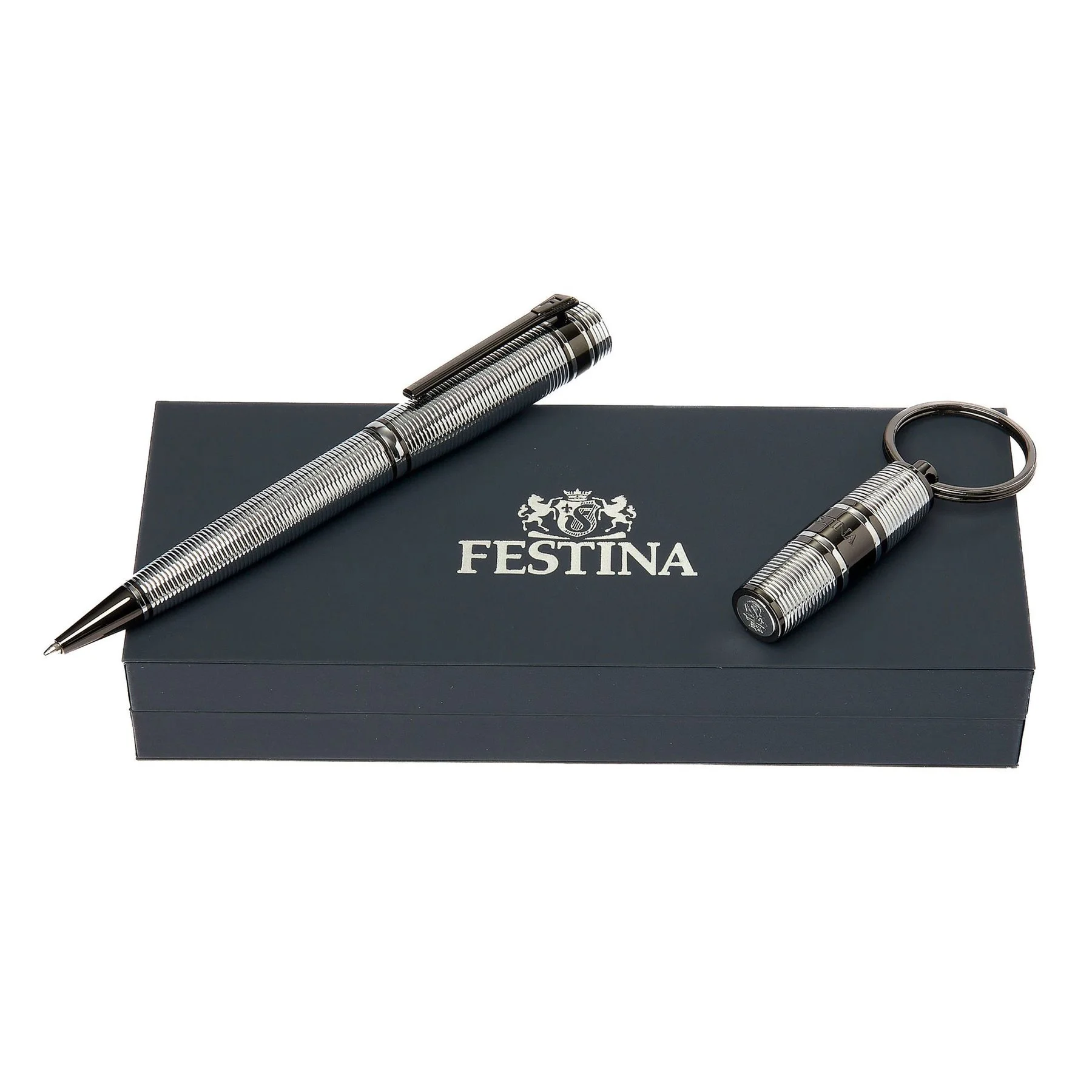 Festina Set Ballpoint Pen and Keychain Bold Stripe, in box, chrome