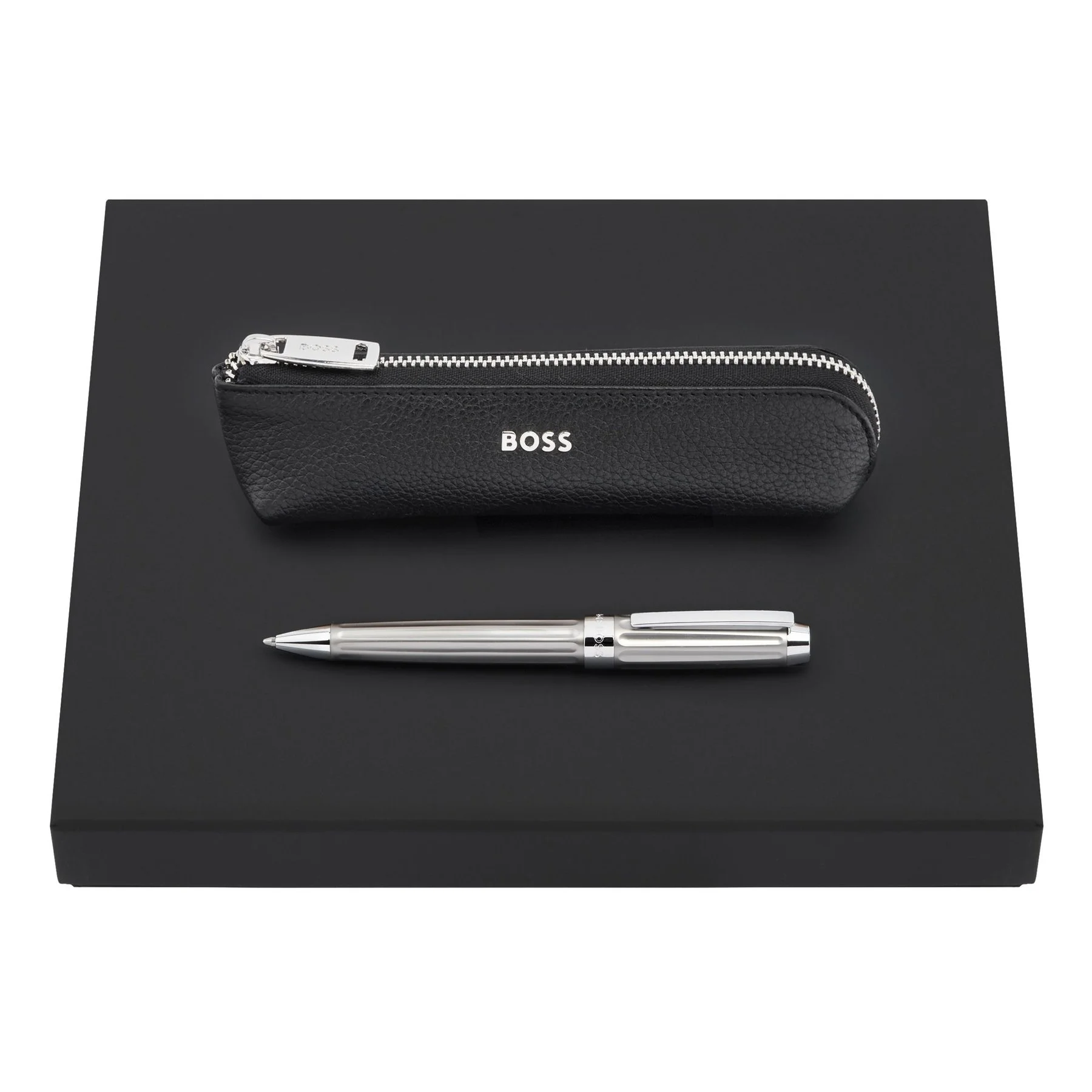 Hugo Boss Set Beam Chrome, black pouch and gray ballpoint