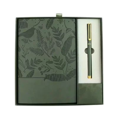Floral Olive Green Set notebook and pen, in box, green