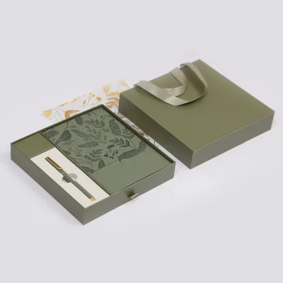 Floral Olive Green Set notebook and pen, in box, green