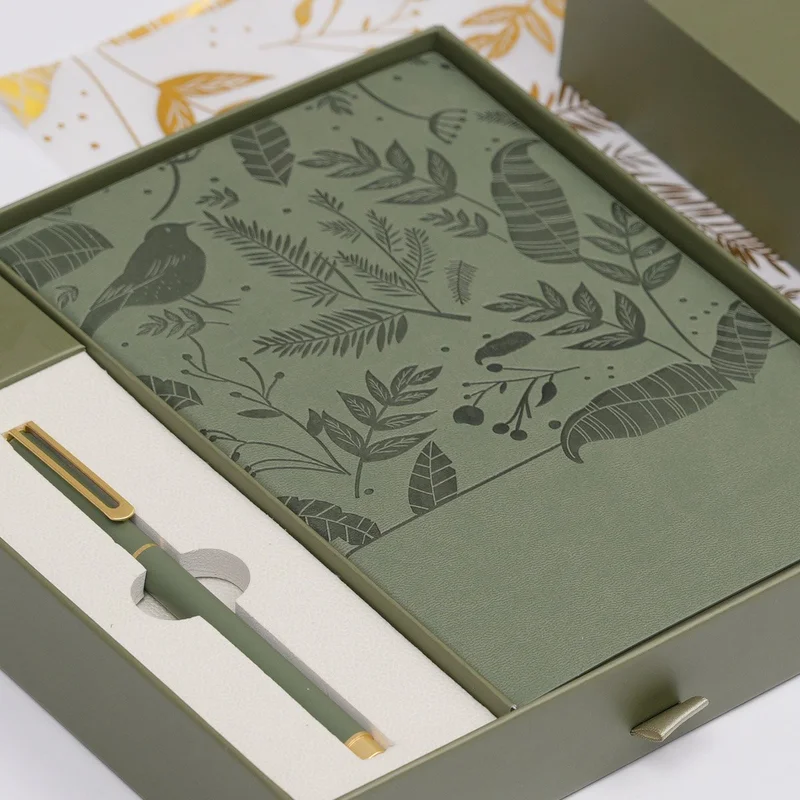 Floral Olive Green Set notebook and pen, in box, green