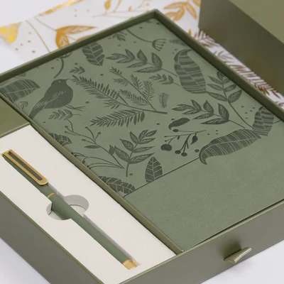 Floral Olive Green Set notebook and pen, in box, green
