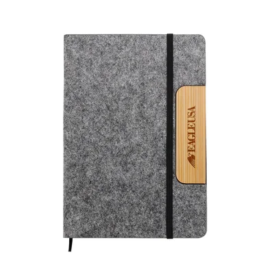 Notebook, A5, felt and bamboo, with elastic, cover as phone stand