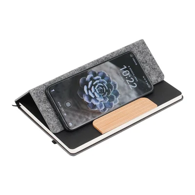 Notebook, A5, felt and bamboo, with elastic, cover as phone stand