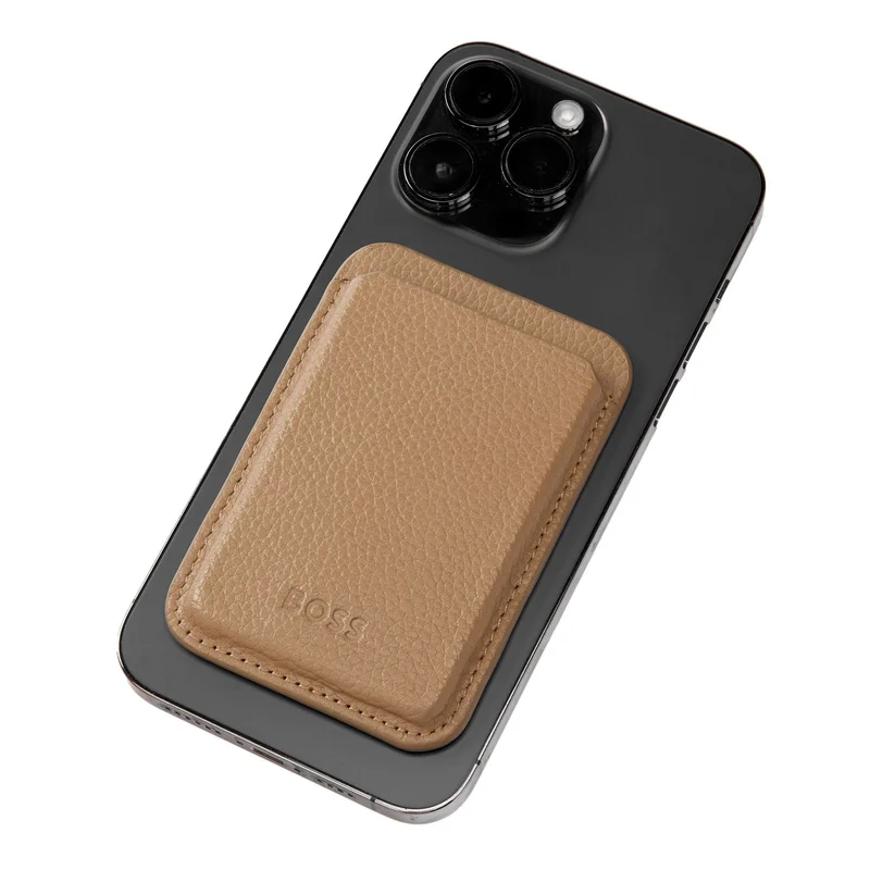 Hugo Boss Card Holder Classic Grained, magnetic, for phone, caramel