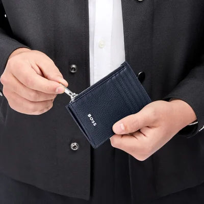Hugo Boss Калъф за карти Classic Grained, с 5 отделения, с цип, тъмносин