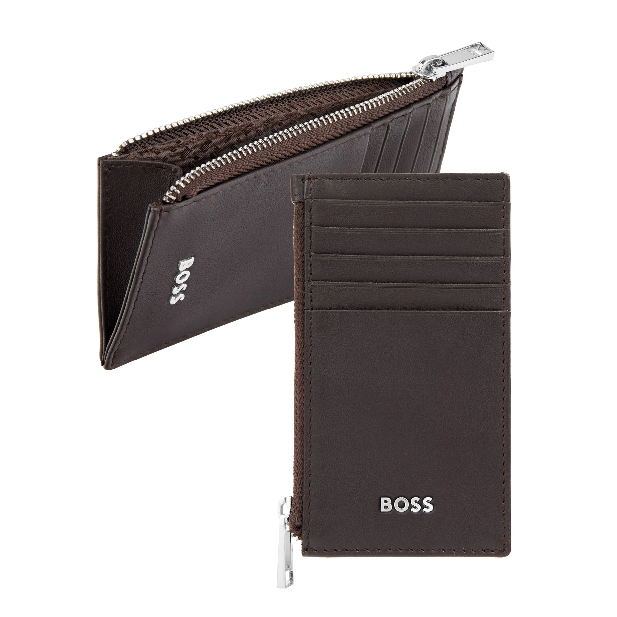 Hugo Boss Калъф за карти Classic Smooth, с 5 отделения, с цип, кафяв