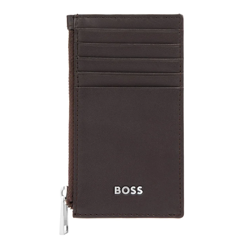 Hugo Boss Калъф за карти Classic Smooth, с 5 отделения, с цип, кафяв