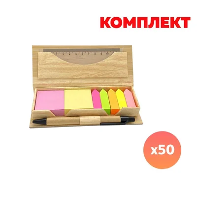 Linea Set of notes, ruler and pen, in bamboo box, with print included, 50 pcs