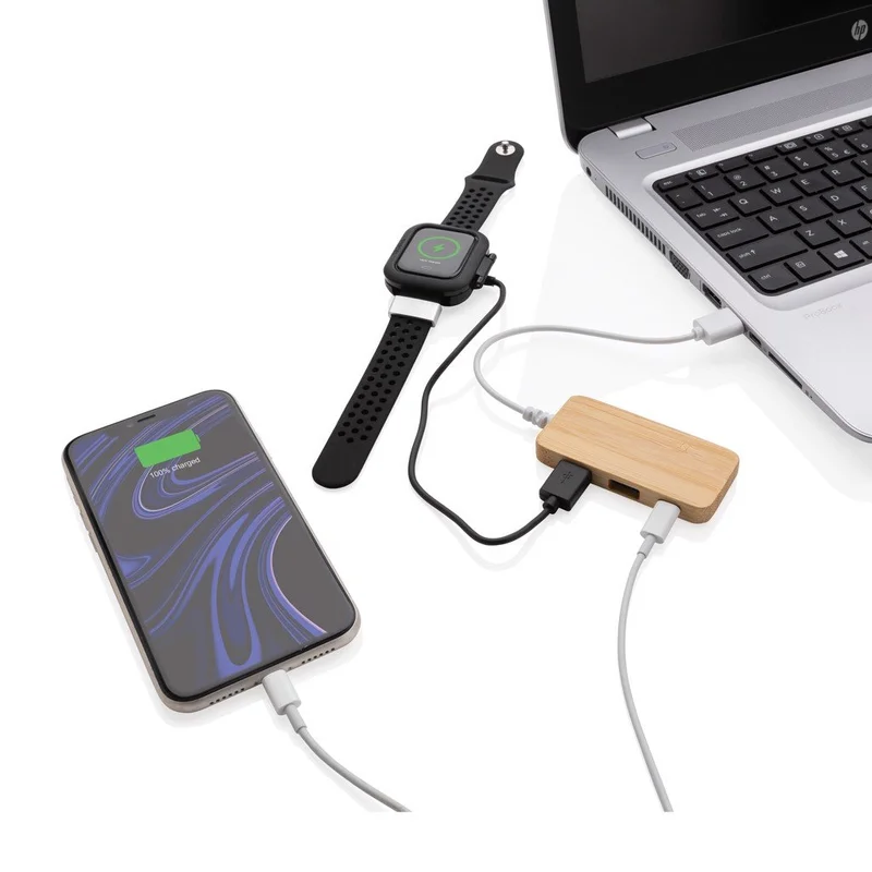XD USB Hub, with 2 USB 2.0 ports and 1 USB Type-C, bamboo