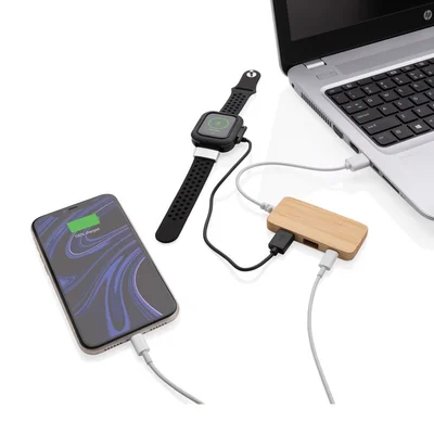 XD USB Hub, with 2 USB 2.0 ports and 1 USB Type-C, bamboo