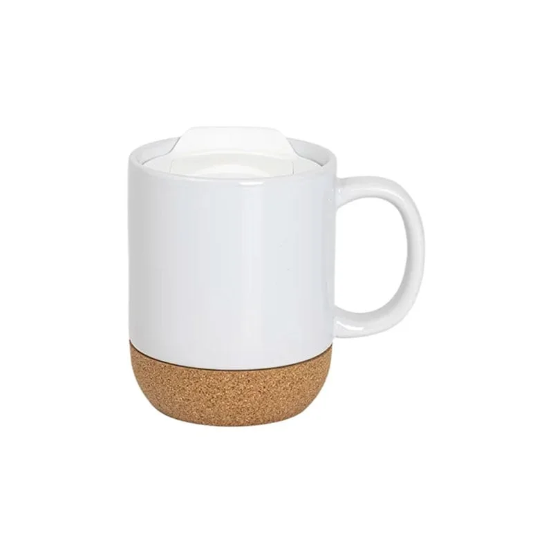BESTSUB Ceramic Mug with Cork Base and Lid, 420 ml, white