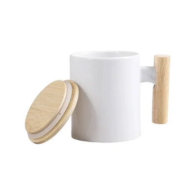 BESTSUB Mug with Wooden Handle and Bamboo Lid, 335 ml, white