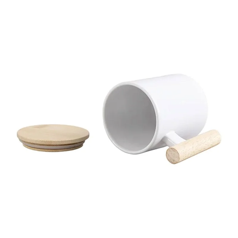 BESTSUB Mug with Wooden Handle and Bamboo Lid, 335 ml, white