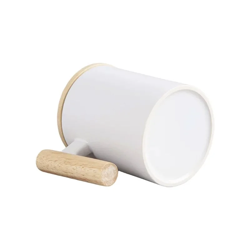 BESTSUB Mug with Wooden Handle and Bamboo Lid, 335 ml, white