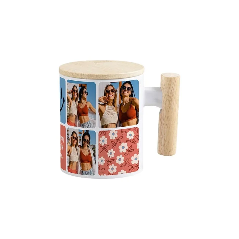 BESTSUB Mug with Wooden Handle and Bamboo Lid, 335 ml, white
