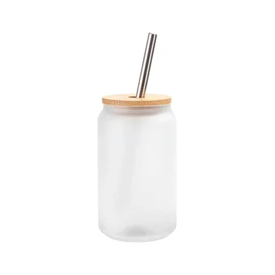 BESTSUB Frost Glass Cup with Bamboo Lid and Straw, 400 ml