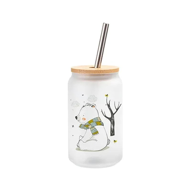 BESTSUB Frost Glass Cup with Bamboo Lid and Straw, 400 ml