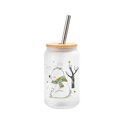 BESTSUB Frost Glass Cup with Bamboo Lid and Straw, 400 ml