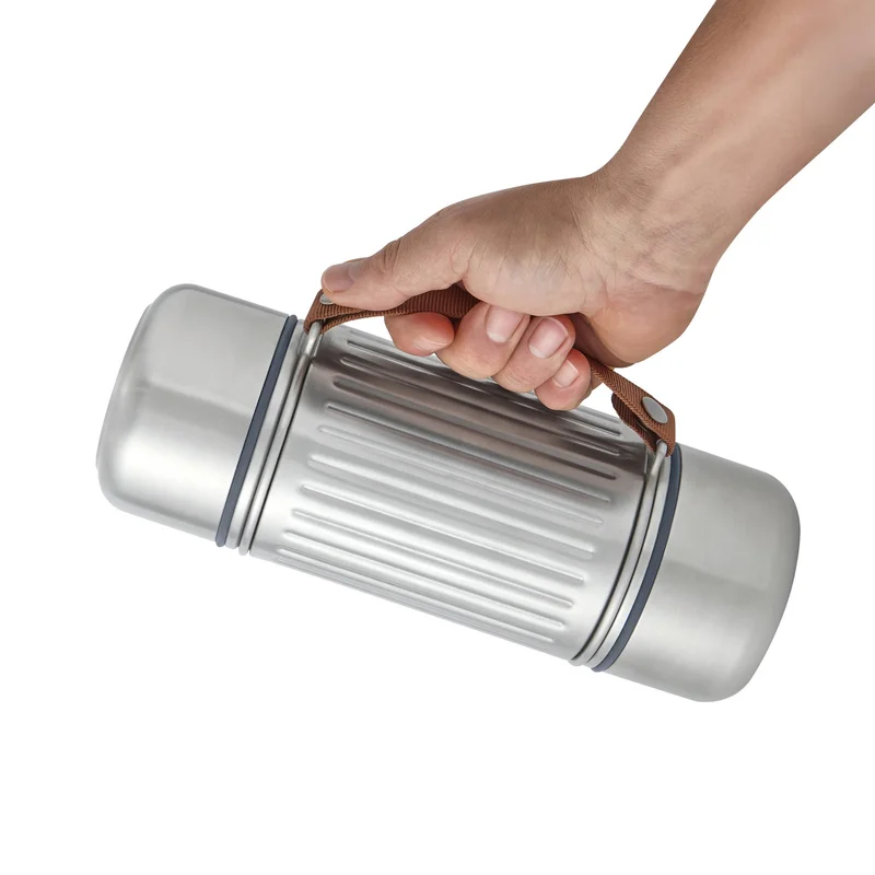 Black+Blum Explorer Thermos, with 2 cups and handle, 1 L, stainless steel