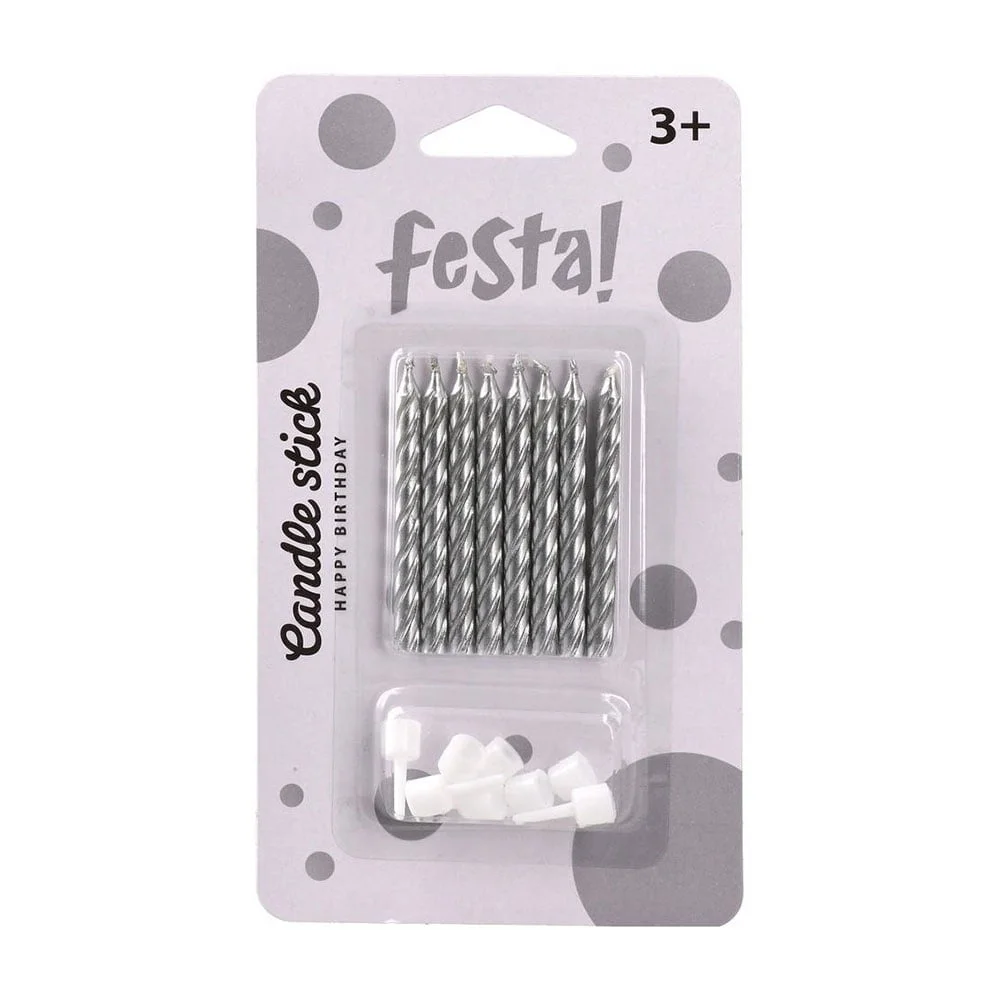 Свещи за торта Festa, класически, сребристи, 8 броя