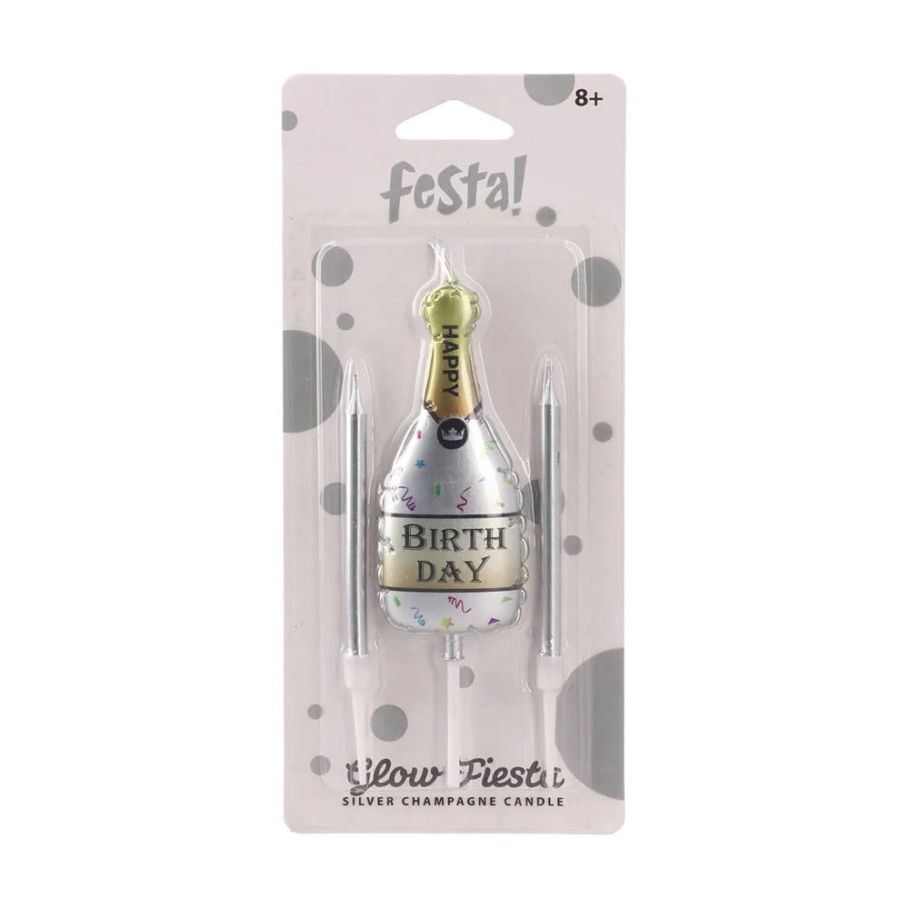 FESTA CAKE CANDLE CHAMPAGNE HAPPY BIRTHDAY SILVER